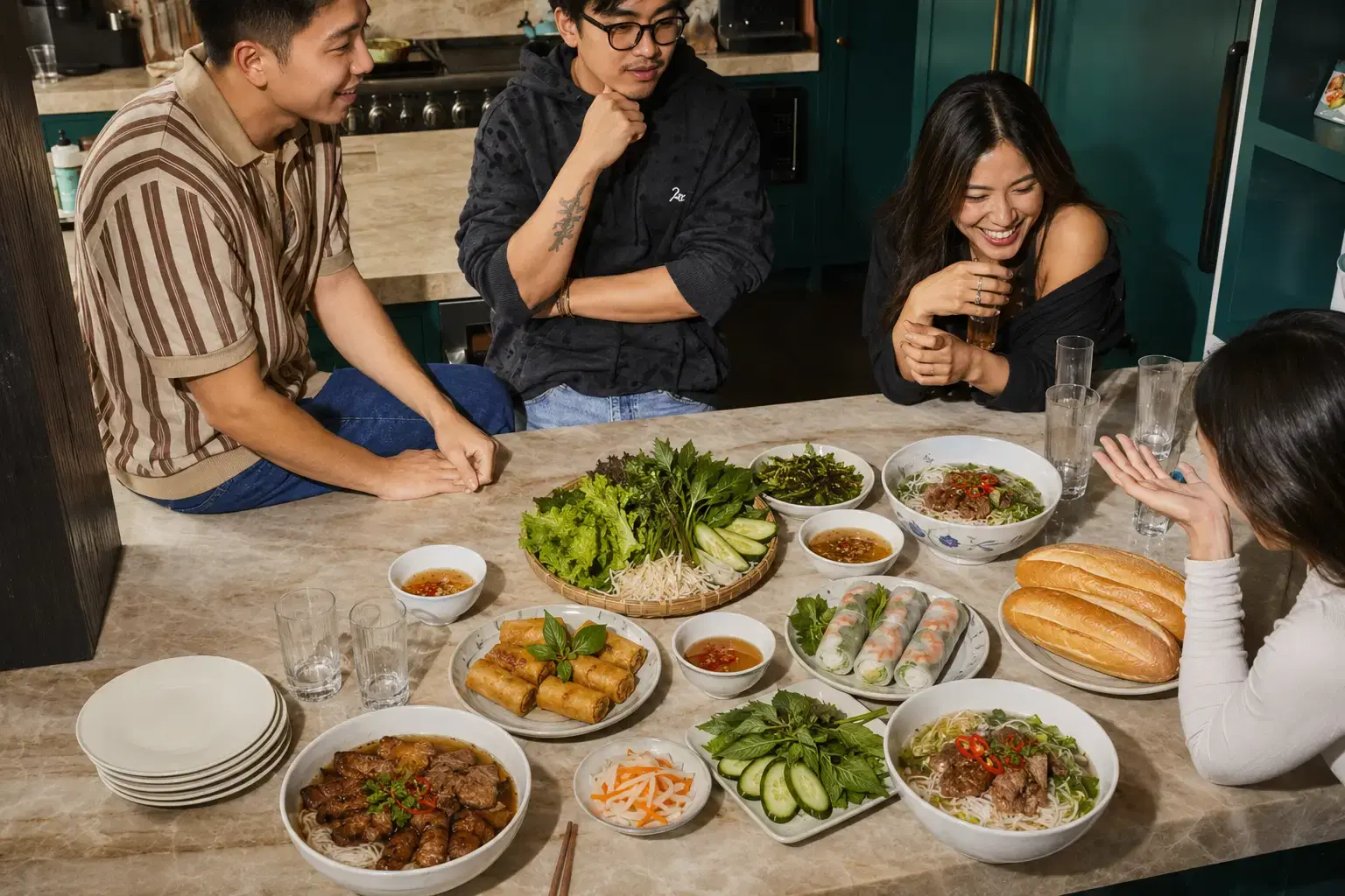 Một bạn trẻ vừa ăn trưa vừa dùng điện thoại tại bàn làm việc
