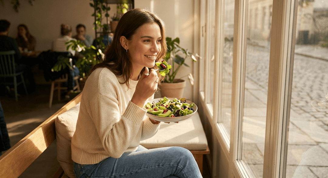 Person happily eating a healthy meal