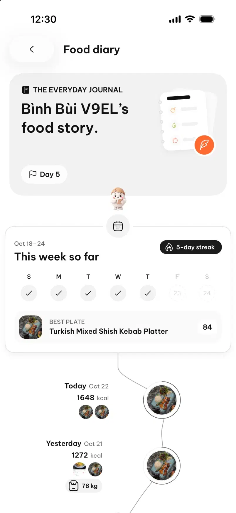 Dietfit's Food diary screen on an iPhone, over a table of Vietnamese dishes