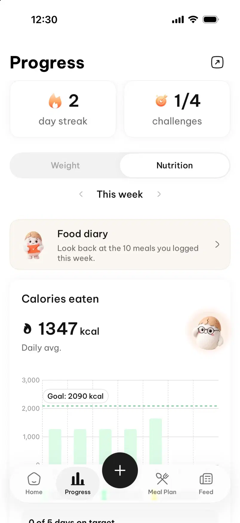 Dietfit's progress screen on an iPhone, over a woman resting with her phone at the gym