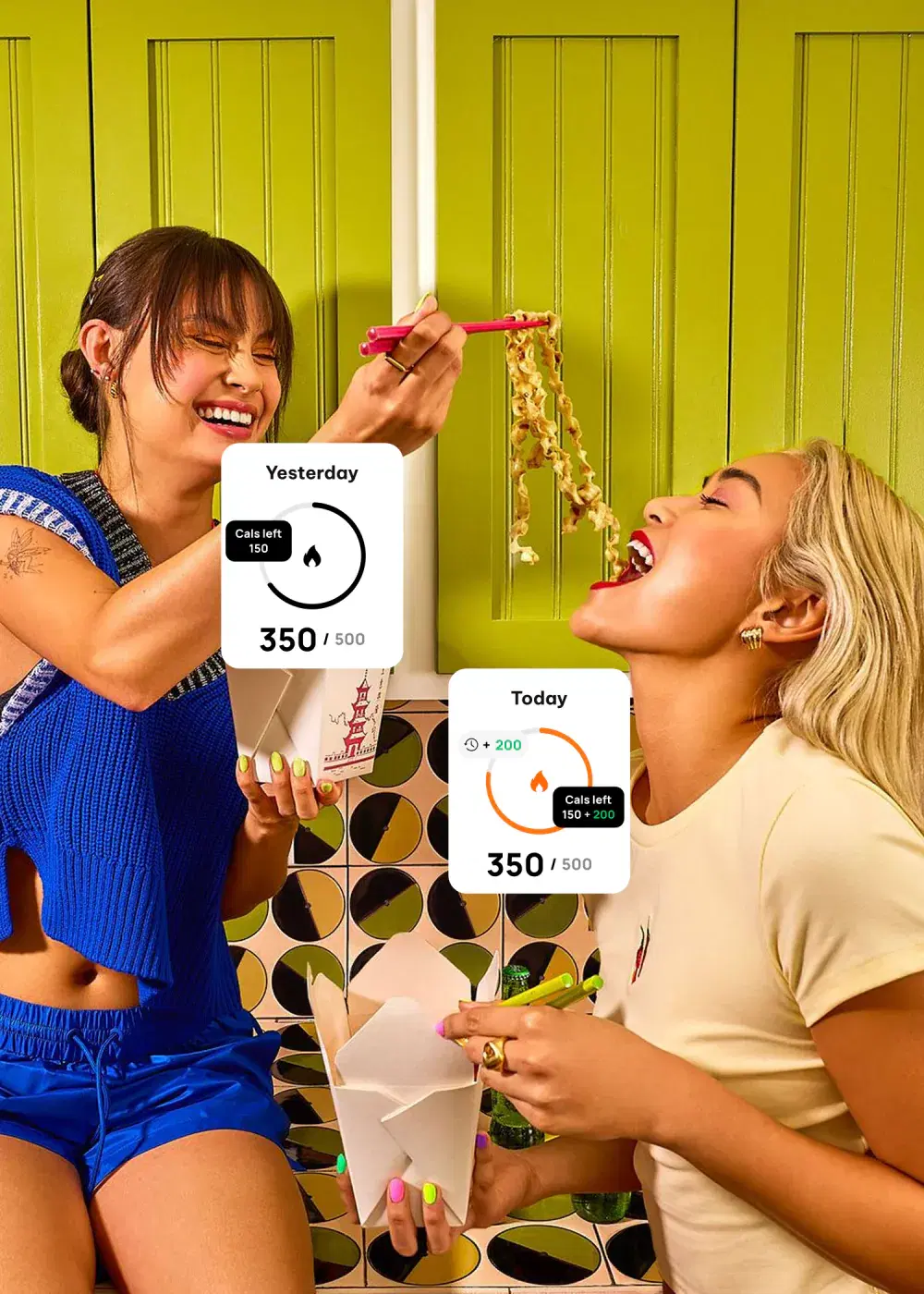 Two friends eating pasta with Dietfit activity summaries