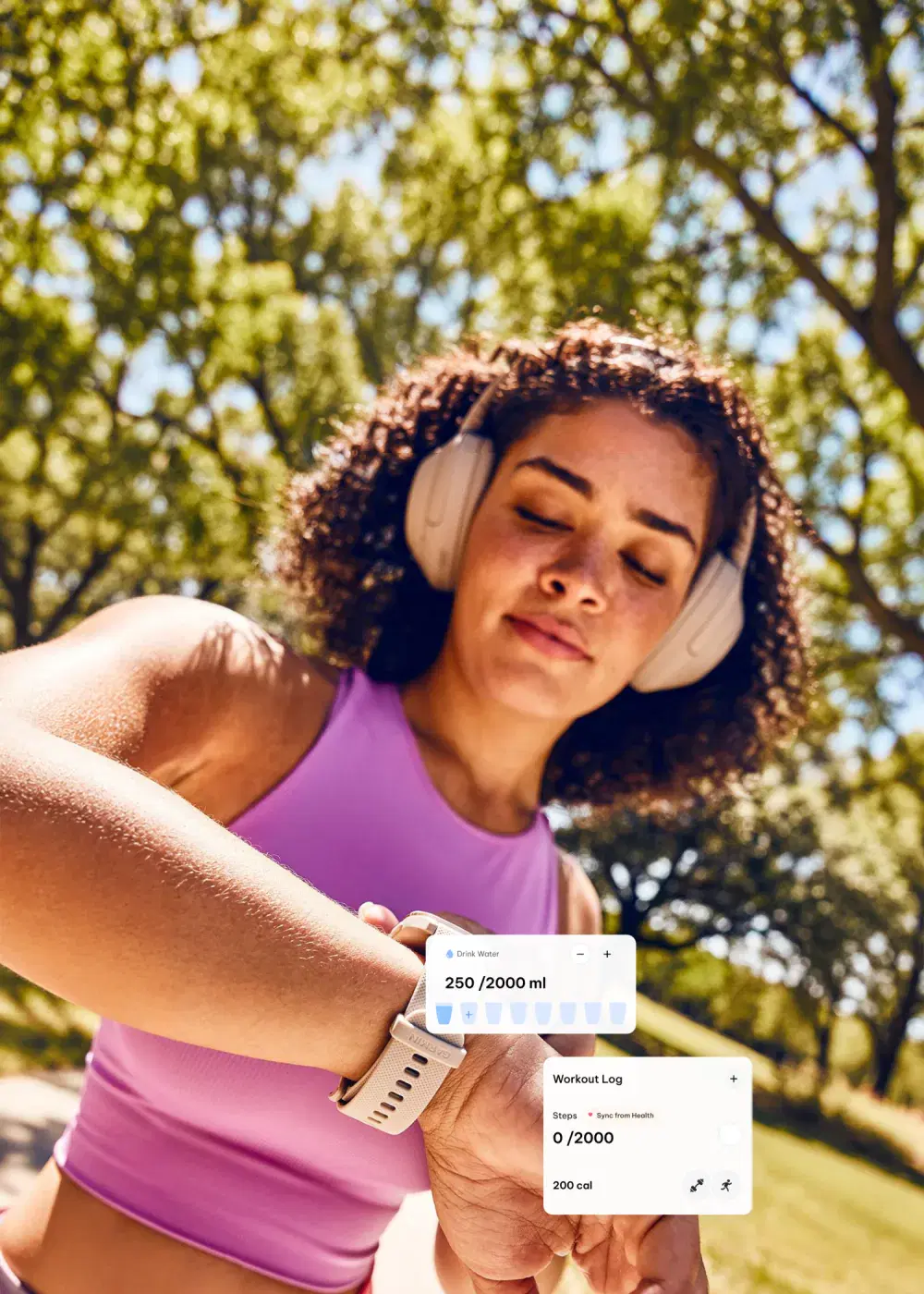 A woman checking her watch with Dietfit water and workout logs