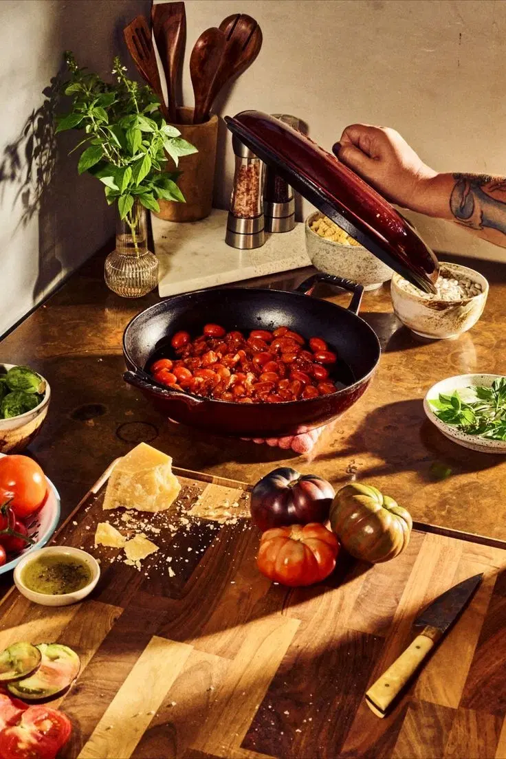 Chảo cà chua bi trong căn bếp ở nhà, bên cạnh là các bữa ăn đã ghi trong Dietfit
