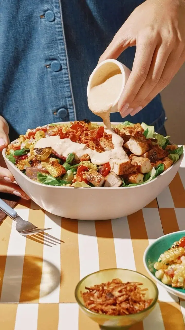 Rưới sốt lên tô salad, cùng các bữa trưa được chia sẻ qua widget Dietfit trên màn hình chính