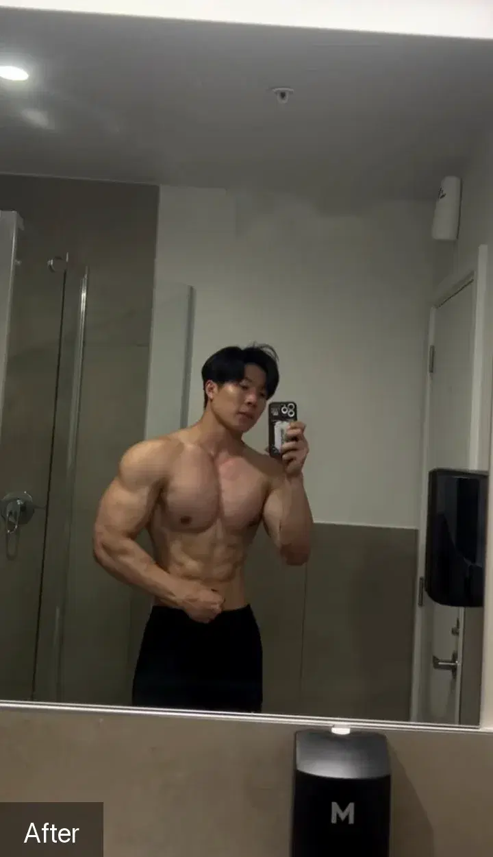 After: the same man, visibly more muscular, in the same gym mirror