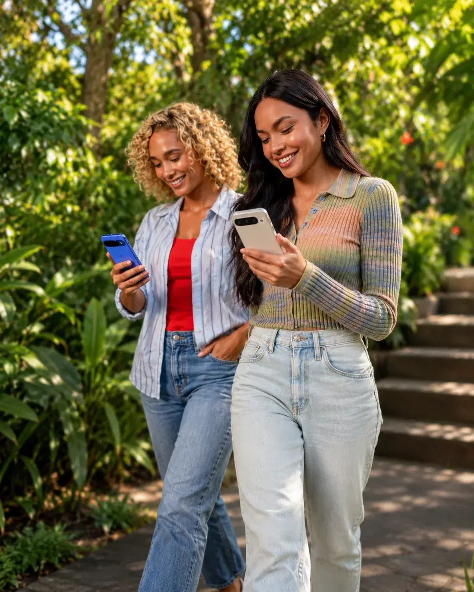 Hai người bạn trên lối đi trong vườn, chia sẻ bữa ăn qua widget Dietfit